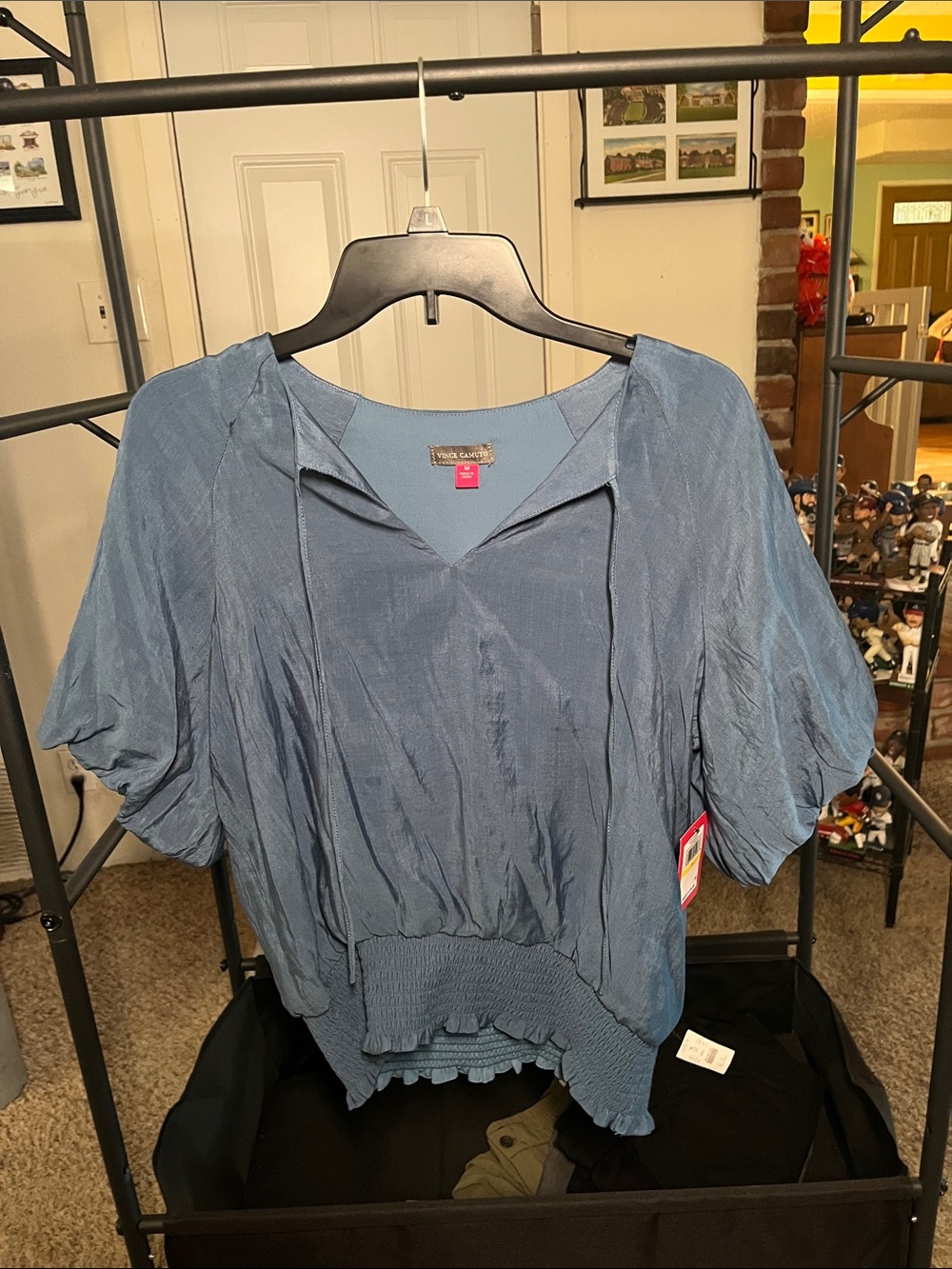 Vince Camuto Blue V-Neck Tie Neck Smocked-Hem Blouse w Puff Sleeves Size M NWT